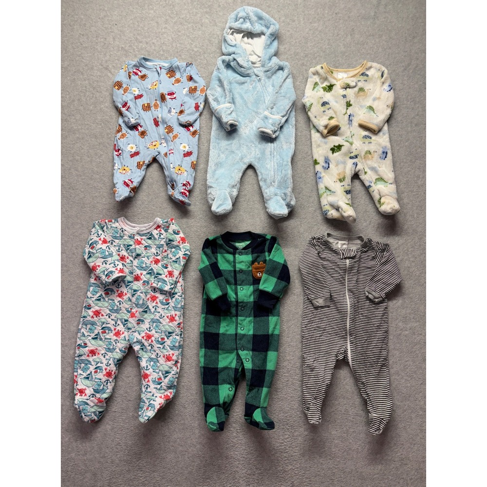 Baby Boys Mixed Brand Footed Sleepers Lot of 6 Carters Gerber 0-3M Fleece Cotton